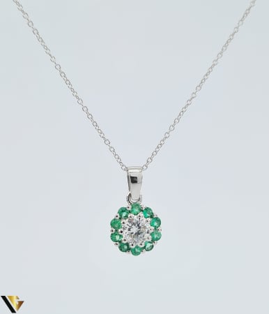 Coliere cu diamante - Lant cu Pandantiv Aur 18k, Diamant 0.25 ct, Smaralde 0.18 ct