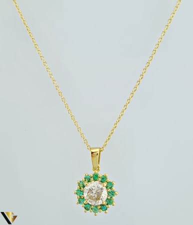 Coliere cu diamante - Lant cu Pandantiv Aur 18k, Diamant 1.20 ct, Safire 0.42 ct