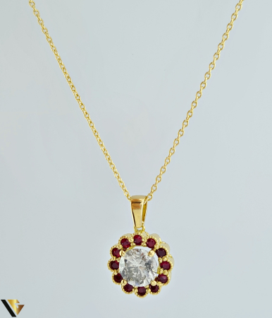 Coliere cu diamante - Lant cu Pandantiv Aur 18k, Diamant 1.36 ct, Safire 0.46 ct