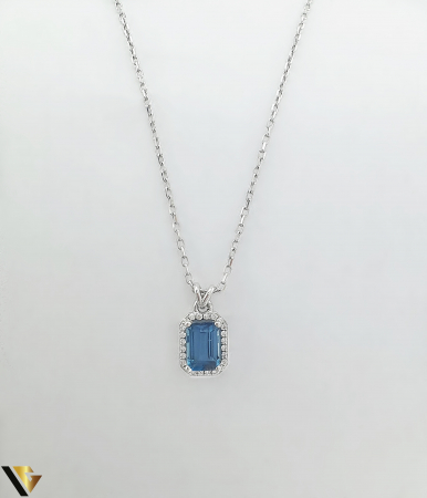 Coliere cu diamante - Lant cu Pandantiv Aur Alb 14k, Diamante 0.05 ct, Topaz