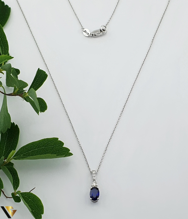 Coliere cu diamante - Lant cu Pandantiv Aur Alb 14k, Diamante 0.08 ct, Safir