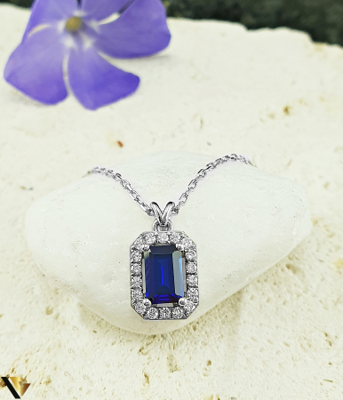 Lant cu Pandantiv Aur Alb 14k, Diamante 0.12 ct in total, Safir [1]