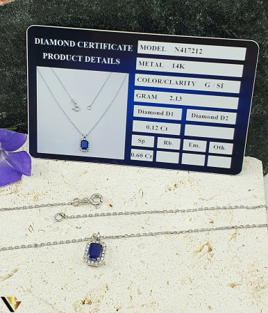 Lant cu Pandantiv Aur Alb 14k, Diamante 0.12 ct in total, Safir [2]