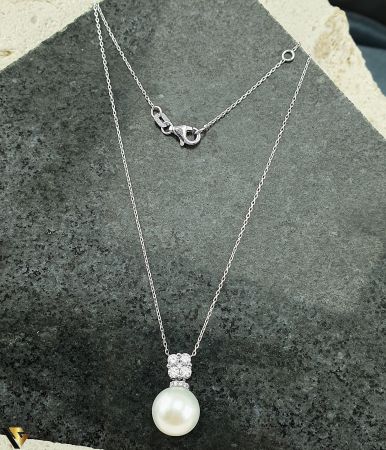 Coliere cu diamante - Lant cu Pandantiv Aur Alb 18k, Diamante, Perla
