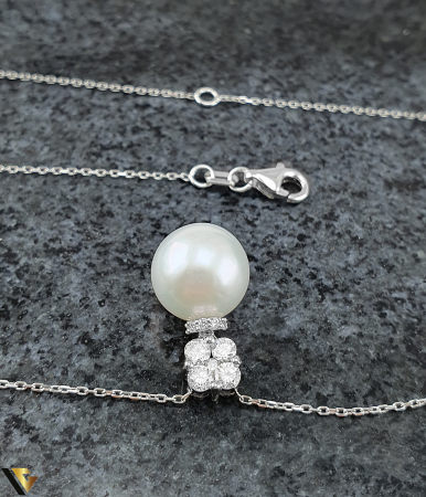 Lant cu Pandantiv Aur Alb 18k, Diamante, Perla [1]