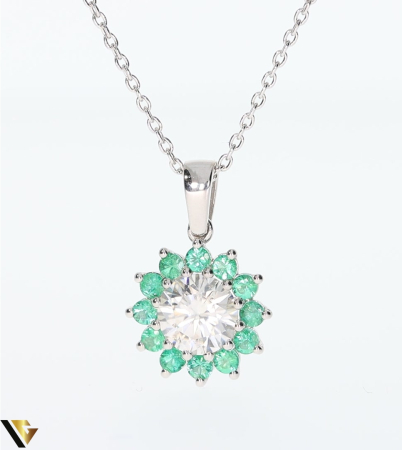 Lant cu Pandantiv Aur Alb 18k, Smaralde 0.43 ct, Moissanit 0.92 ct [1]