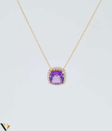 Coliere cu diamante - Lant cu Pandantiv Aur Rose 18k, Diamante 0.10 ct, Ametist