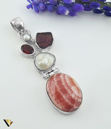 Bijuterii din argint - Pandantiv Argint 925, Rodocrozonit, Granat, Perla