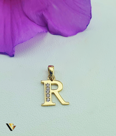 Pandantive din aur - Pandantiv aur 14K, Cristale de zirconiu, INITIALA R, LITERA Lungime: 16 mm ( cu anou ) Latime: 8 mm Marcaj / Titlu: " 585 "