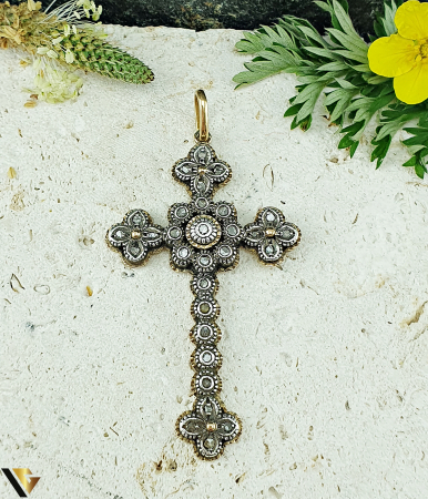Cruce vintage din aur 19k (800) si argint, diamante naturale [0]