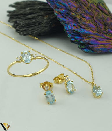 Seturi din aur - Set format din cercei, inel si lant cu pandantiv aur 9k, cubic zirconia si blue topaz