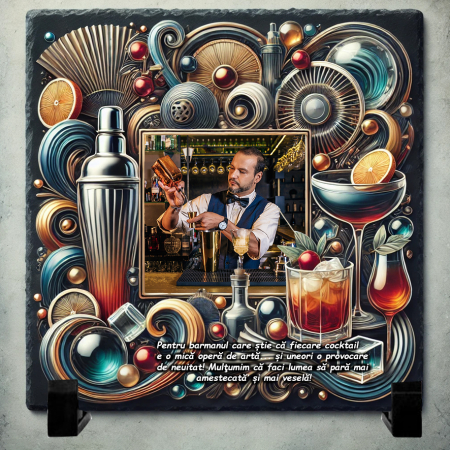 Tablouri pe Piatra - Set Cadou Personalizat pentru Barman – Placă de Ardezie, Portofel și Breloc Lemn