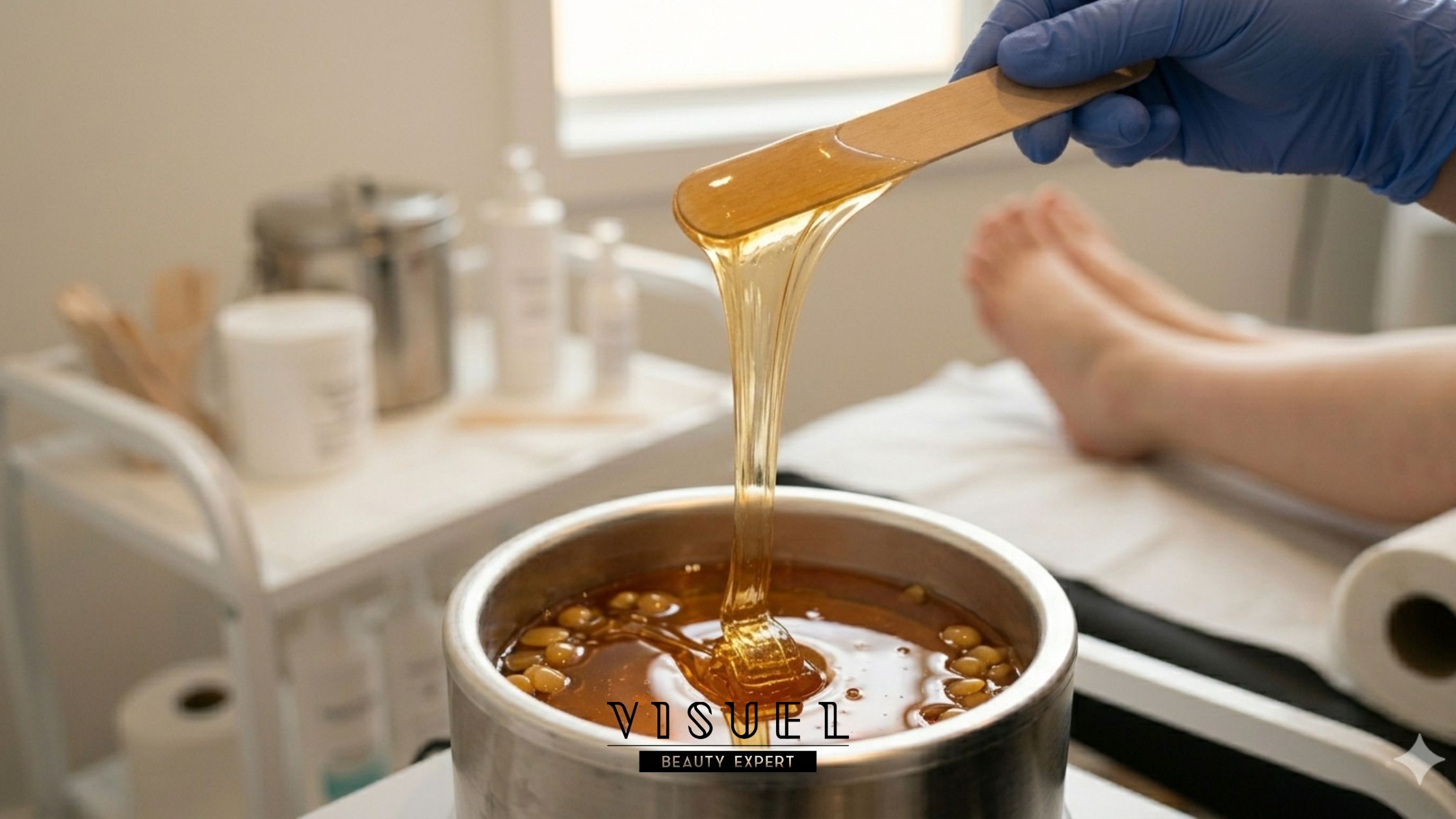 Cum iti poti alege corect ceara pentru salonul tau de cosmetica. Vizualizare a unei cutii de ceara intr-un incalzitor, cu o spatula de unica folosinta.