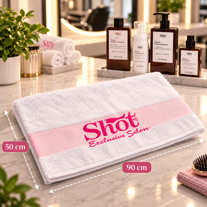 Prosop coafură SHOT – 100% bumbac – 50x90 cm – ALB – logo brodat roz [3]