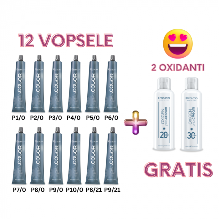 Set 12 vopsele profesionale PRO.COLOR + 2 oxidanti crema GRATIS