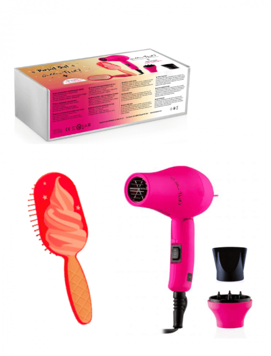 Set cadou fluo: mini uscator + perie detangler icecream