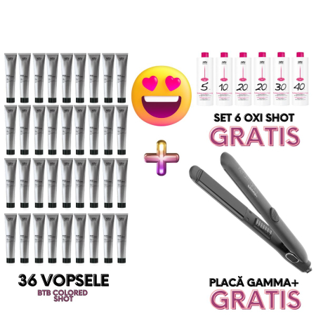 Vopsea de par cu amoniac - Set 36 vopsele BTB COLOR Shot + 6 oxidanti Shot GRATIS + placa de par Gamma Piu GRATIS