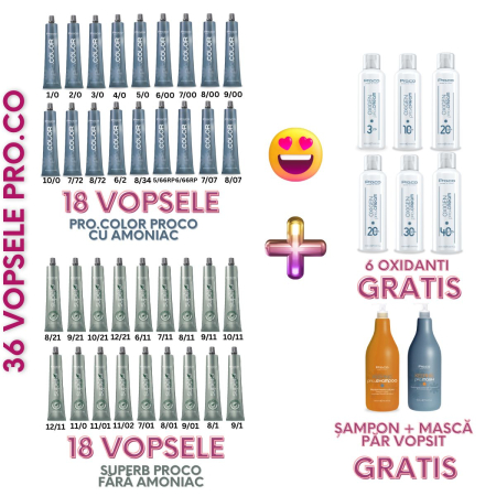 Oxidanti de par profesionali - Set 36 vopsele profesionala par PROCO + 6 oxidanti GRATIS + Sampon & Masca GRATIS