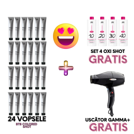 Vopsea de par cu amoniac - Set 24 vopsele BTB COLOR Shot + 4 oxidanti Shot GRATIS  + uscator GammaPiu GRATIS