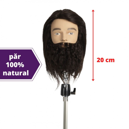 Trepiede cap manechin - Cap manechin păr natural - cu barbă și mustață - lungime 20 cm - model BEN EXALTO