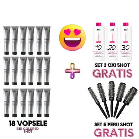 Perii de par cilindrice - Set 18 vopsele BTB COLOR Shot + 3 oxidanti Shot GRATIS  + set 5 perii Shot GRATIS