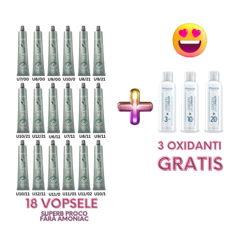 Oxidanti de par profesionali - Set 18 vopsele fara amoniac SUPERB + 3 oxidanti GRATIS - PROCO
