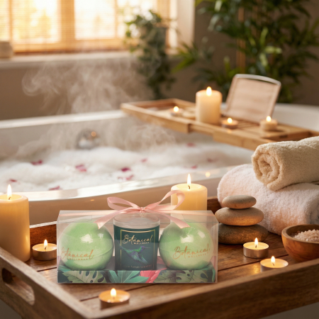 set-cadou-femei-botanical-wellness-green-relax-set-2-bile-efervescente-baie-lumanare-parfumata-cadouri-visuel-beauty-expert