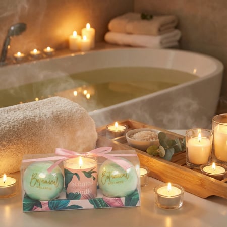 Cadouri sub 200 lei - set-cadou-femei-botanical-wellness-pink-relax-set-2-bile-efervescente-baie-lumanare-parfumata-cadouri-visuel-beauty-expert