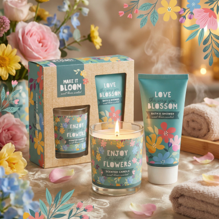 Cadouri sub 200 lei - set-cadou-make-it-bloom-flower-power-lumanare-parfumata-gel-dus-cadouri-visuel-beauty-expert