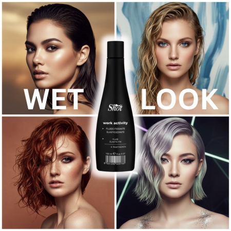 Produse profesionale pentru par - Soluție modelatoare păr cu efect Wet Look- Fluid Elastic Fix- Shot Work Activity - 150 ml