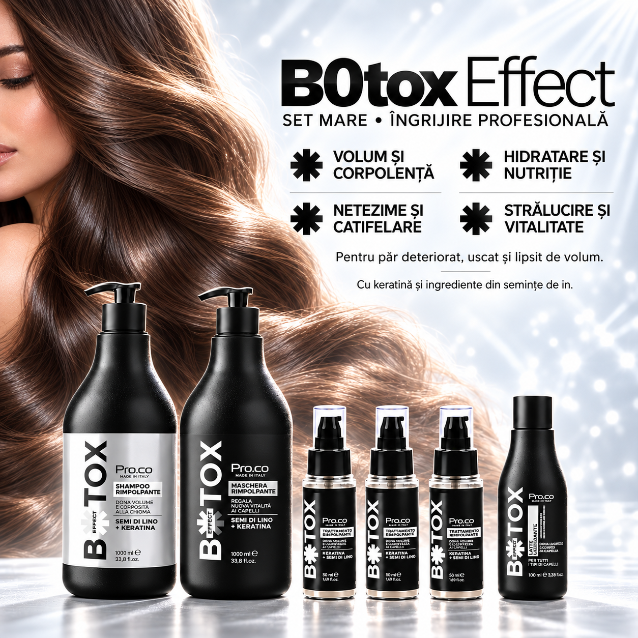 Set tratament regenerare par B0toxEffect - Pro.Co - set BIG (sampon 1L + masca 1L + 3 fiole + lapte)