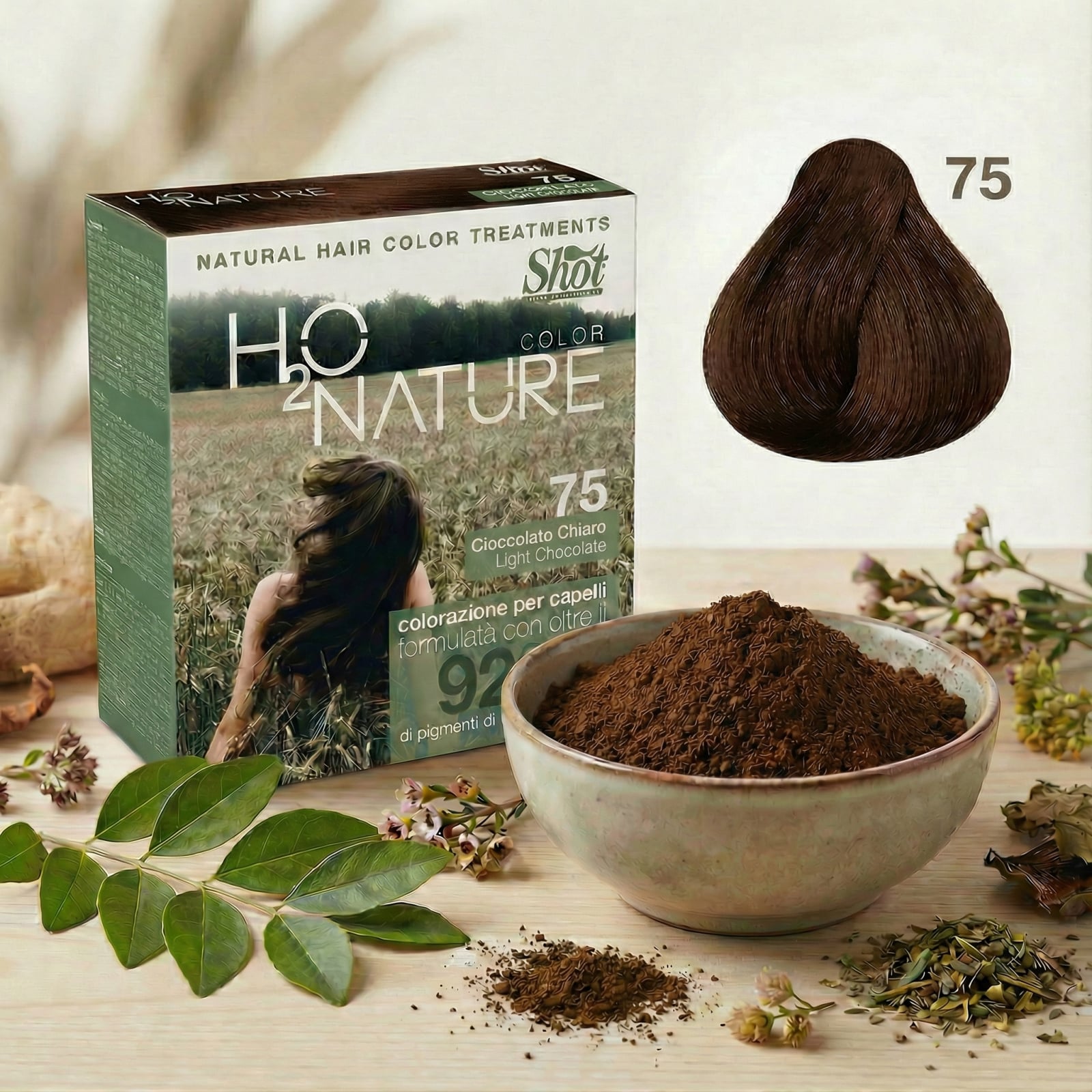 Vopsea par - pudra henna H20 COLOR NATUR 200g - 75 LIGHT CHOCOLATE 75 Ciocolată deschisă (Cioccolato Chiaro)