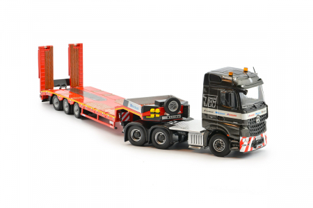 Macheta cap tractor Mercedes Arocs 6x4 cu trailer Scheuerle cu 3 axe si rampe hidraulice, scara 1:50 [3]