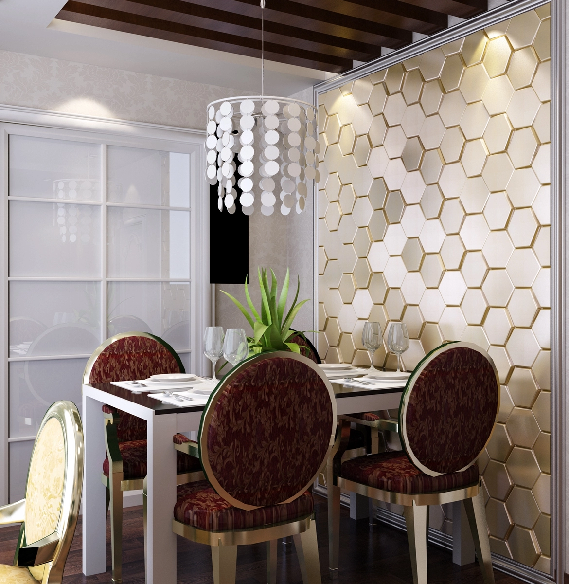 Panou Decorativ Perete 3D Autoadeziv, Hexagon Nisip Sidef, Set 2 buc., Placi Decor Perete [4]