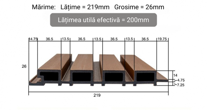 Riflaj WPC lemn compozit Premium Co-Extrudat, 219x26mm, 3600mm lungime [5]