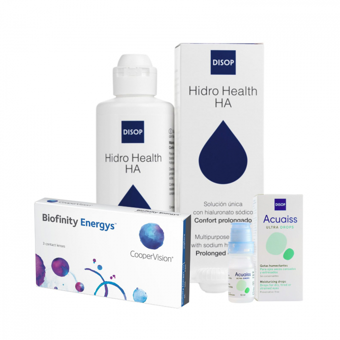 Biofinity Energys (3 perechi/ 6 lentile) + Soluție Hidro Health HA 360 ml + Picături oftalmice ACUAISS ULTRA, pachet trimestrial [1]