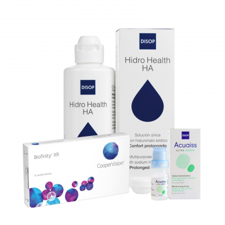 PACHETE LENTILE DE CONTACT - Biofinity XR (3 perechi/ 6 lentile) + Soluție Hidro Health HA 360 ml + Picături oftalmice ACUAISS ULTRA, pachet trimestrial