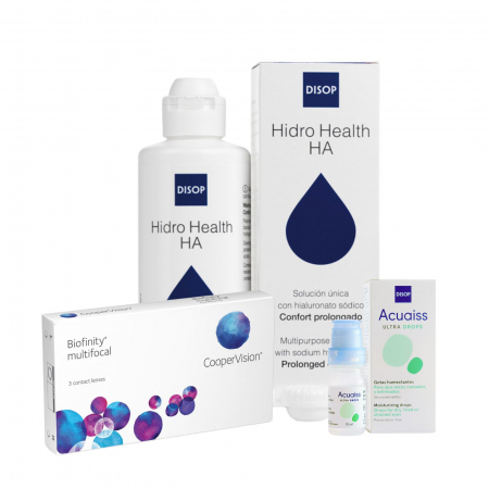 Lentile multifocale - Biofinity Multifocal Toric (3 perechi/ 6 lentile) + Soluție Hidro Health HA 360 ml + Picături oftalmice ACUAISS ULTRA, pachet trimestrial