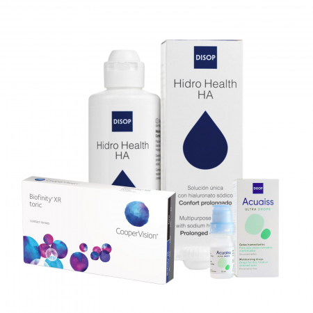 PACHETE LENTILE DE CONTACT - Biofinity Toric XR (3 perechi/ 6 lentile) + Soluție Hidro Health HA 360 ml + Picături oftalmice ACUAISS ULTRA, pachet trimestrial