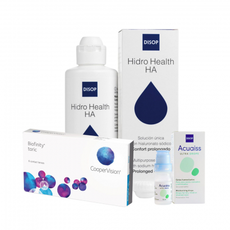 PACHETE LENTILE DE CONTACT - Biofinity Toric (3 perechi/ 6 lentile) + Soluție Hidro Health HA 360 ml + Picături oftalmice ACUAISS ULTRA, pachet trimestrial