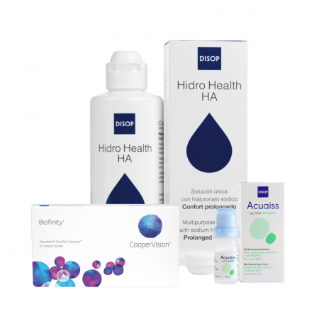 PACHETE LENTILE DE CONTACT - Biofinity (3 perechi/ 6 lentile) + Soluție Hidro Health HA 360 ml + Picături oftalmice ACUAISS ULTRA, pachet trimestrial