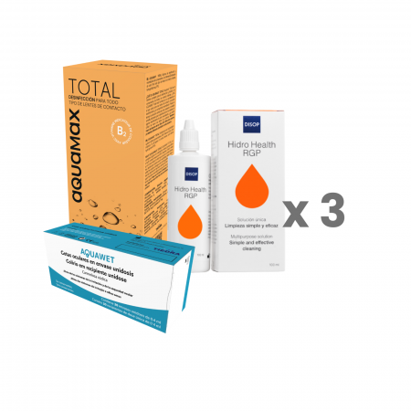 PACHETE AVANTAJOASE SOLUȚII - Pachet intretinere lentile de contact dure pentru 3 luni: aquamax TOTAL (peroxid) 3x360 ml + 3x36 tablete + Hidro Health RGP, 3x 100 ml + Aquawet (3x 30 monodoze)