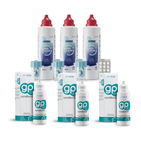 Pachete întreținere lentile dure/ RGP/ Ortho-K - Pachet solutie intretinere lentile de contact dure Everclean Plus (peroxid) 3x225 ml + 3x30 tablete +  GP Conditioner, 3x 120 ml