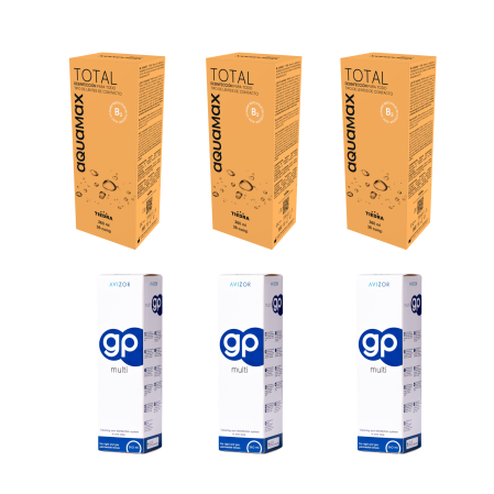 PRODUSE - Pachet solutie intretinere lentile de contact dure Aquamax TOTAL (peroxid) 3x360 ml + 3x36 tablete + GP Multi, 3x 250 ml