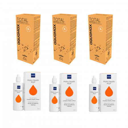PACHETE AVANTAJOASE SOLUȚII - Pachet solutie intretinere lentile de contact dure aquamax TOTAL (peroxid) 3x360 ml + 3x36 tablete + Hidro Health RGP, 3x 100 ml