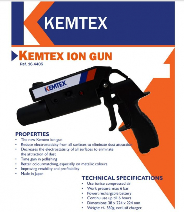 Pistol de ionizare antistatic, Kemtex ION-GUN, neutralizeaza sarcinile statice si curata suprafata cu aer comprimat ionizat [4]