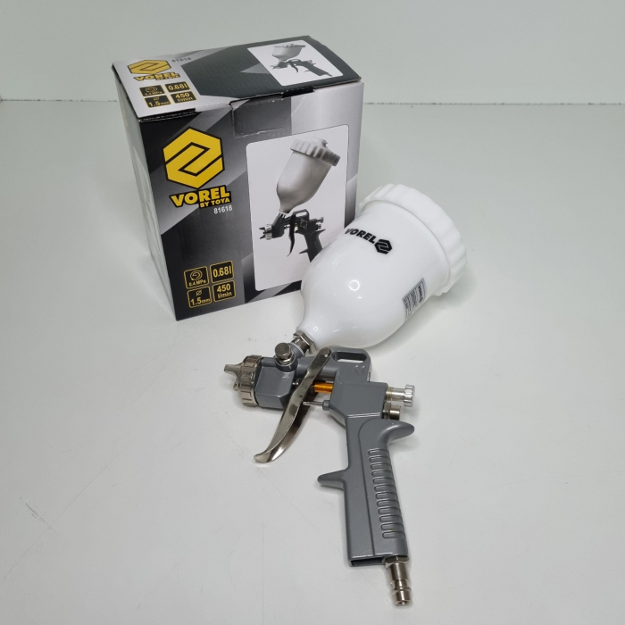 Pistol de pulverizare, Vorel 81618, pentru lac,  cupa plastic 0.68 ml, duza 1.5 mm, consum aer  450 l/min [7]