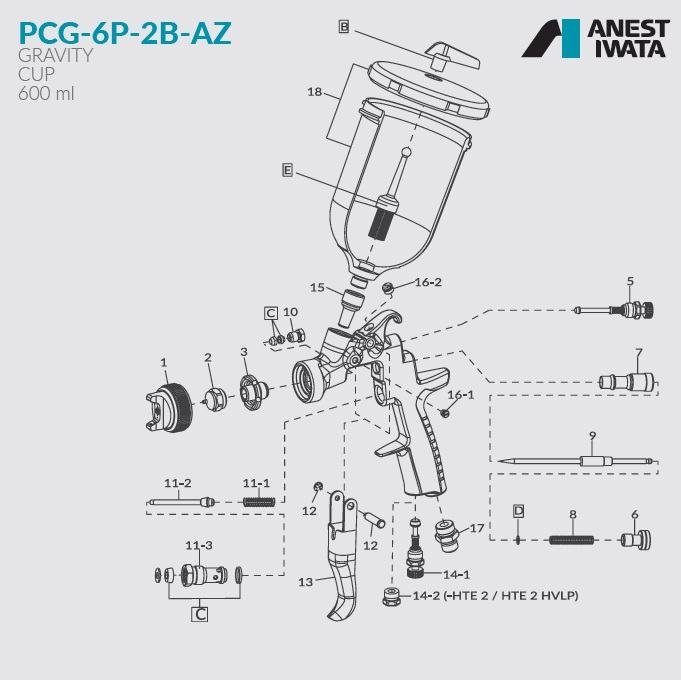 Pistol de vopsit, Anest Iwata AZ3 HTE 2 Air Gunsa, cupa plastic 600 ml, diferite duze la alegere [8]