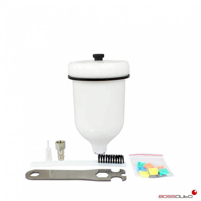 Pistol de vopsit, Bossauto Spray Gun BTG HVLP, cupa plastic 600 ml, duza la alegere, consum aer 300 l/min + Manometru [4]