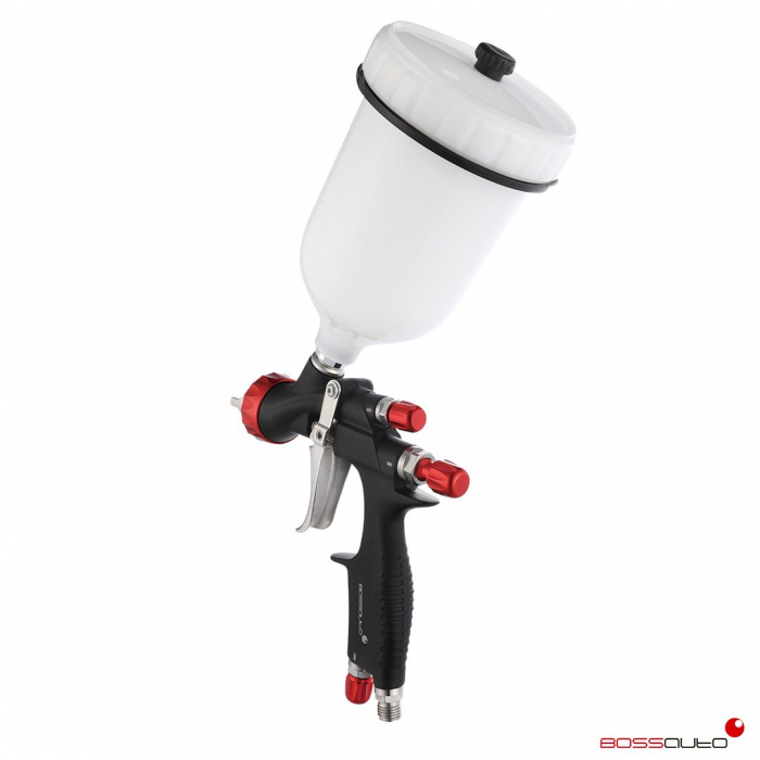 Pistol de vopsit, Bossauto Spray Gun BTG HVLP, cupa plastic 600 ml, duza la alegere, consum aer 300 l/min + Manometru [3]